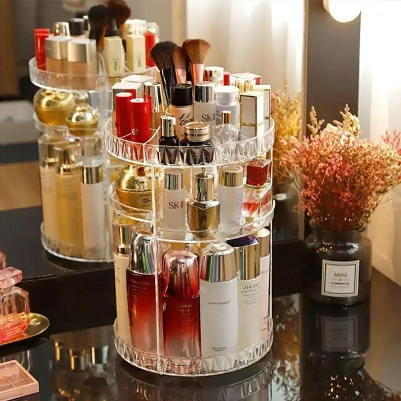 GlamSpin: Acrylic 360° Rotating Makeup Organizer – Adjustable Cosmetic & Jewelry Storage Box - Juggledrops