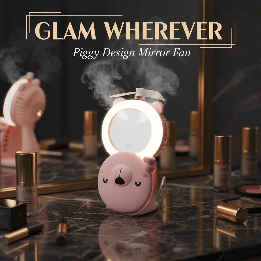 PiggyGlow: Cartoon Pig LED Mirror Pocket Fan for Makeup, Touch-Ups & Cooling