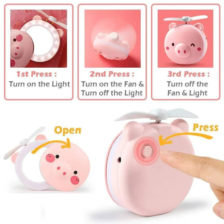 PiggyGlow: Cartoon Pig LED Mirror Pocket Fan for Makeup, Touch-Ups & Cooling - Juggledrops
