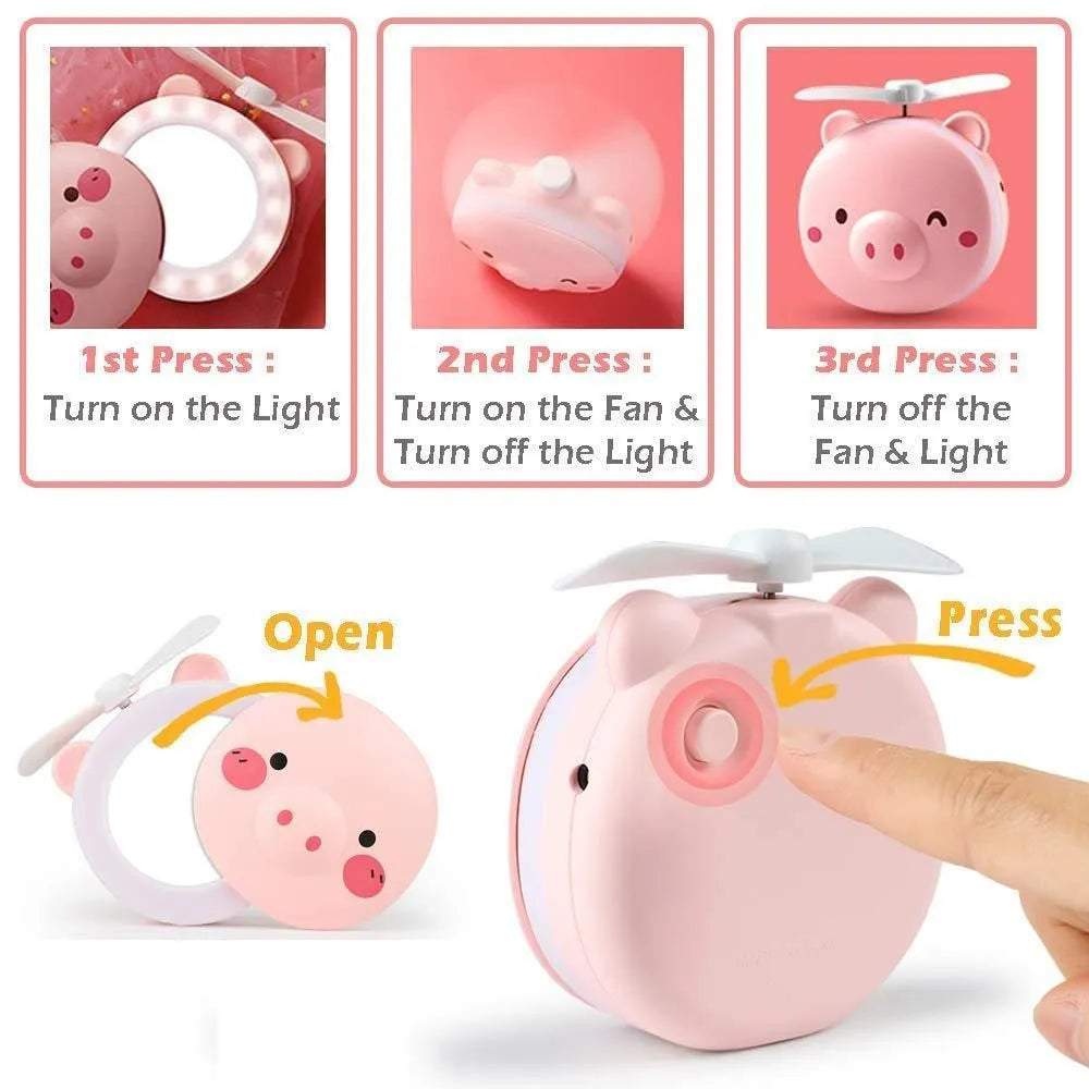 PiggyGlow: Cartoon Pig LED Mirror Pocket Fan for Makeup, Touch-Ups & Cooling - Juggledrops