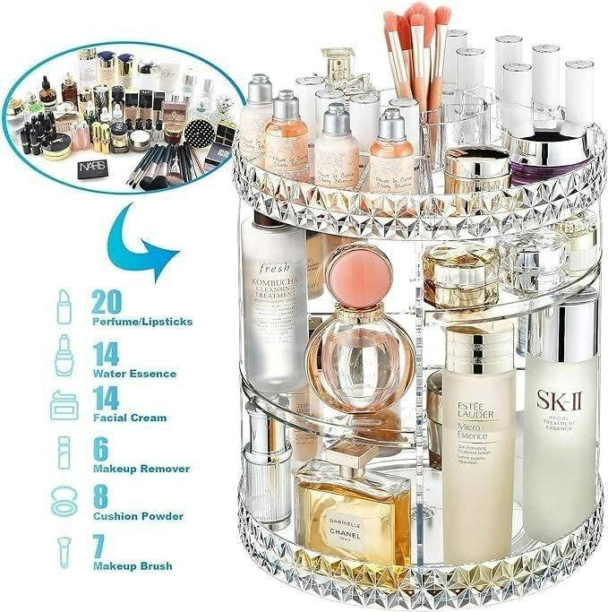 GlamSpin: Acrylic 360° Rotating Makeup Organizer – Adjustable Cosmetic & Jewelry Storage Box - Juggledrops