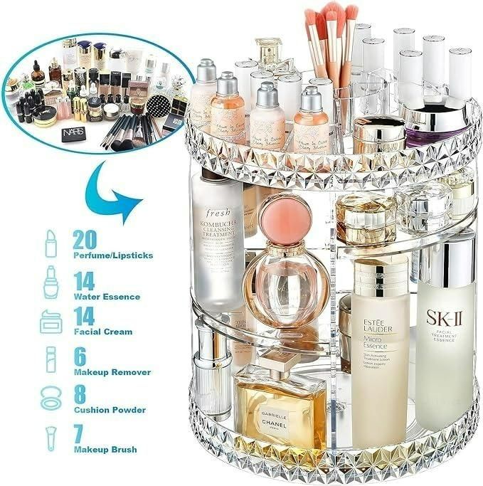 GlamSpin: Acrylic 360° Rotating Makeup Organizer – Adjustable Cosmetic & Jewelry Storage Box - Juggledrops