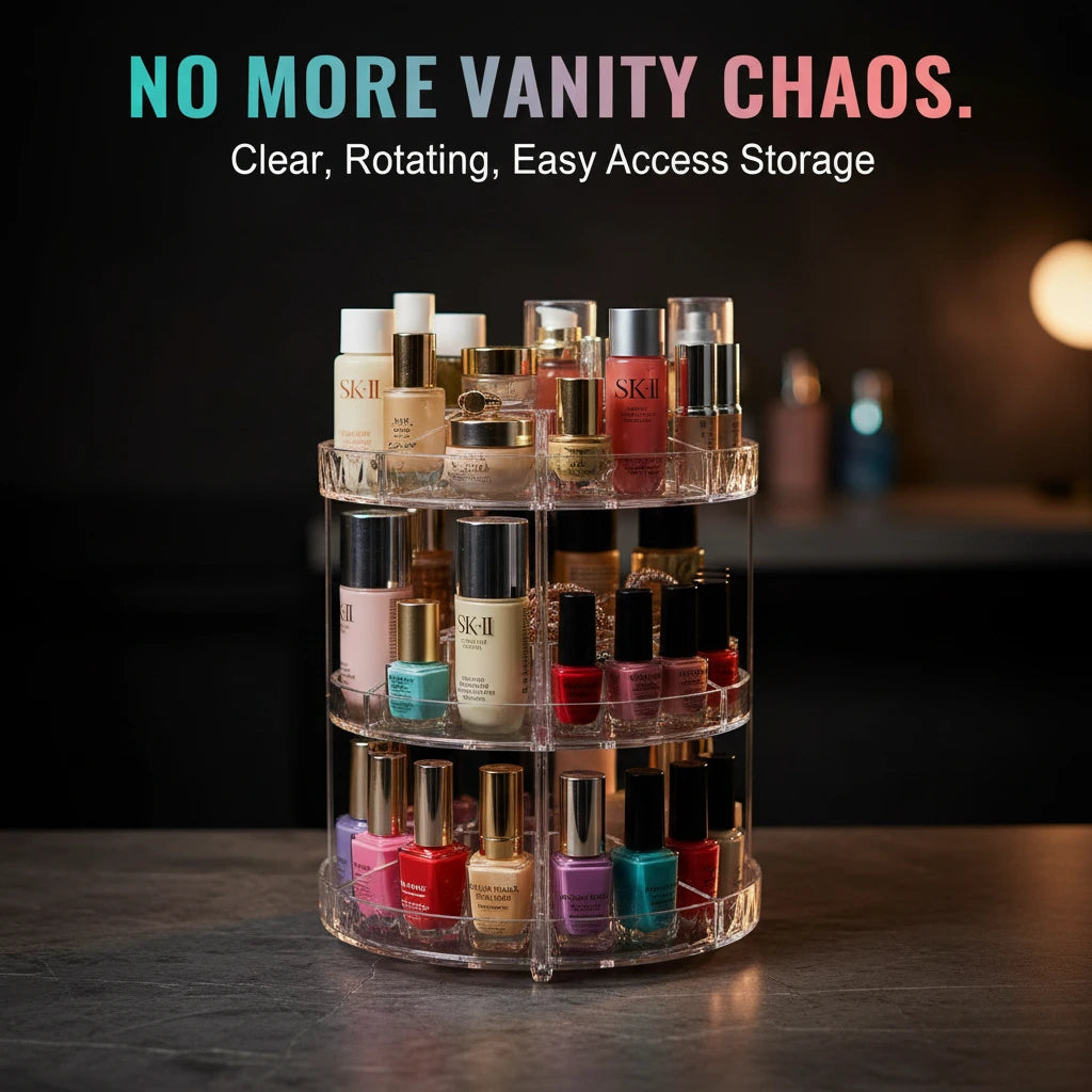 GlamSpin: Acrylic 360° Rotating Makeup Organizer – Adjustable Cosmetic & Jewelry Storage Box