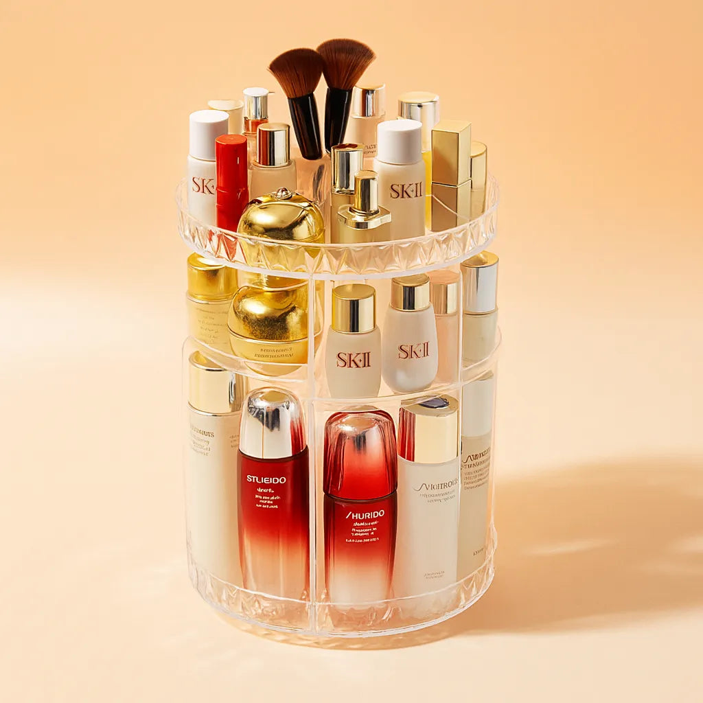GlamSpin: Acrylic 360° Rotating Makeup Organizer – Adjustable Cosmetic & Jewelry Storage Box - Juggledrops